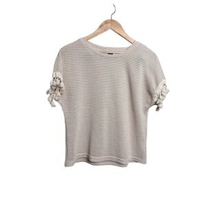 Boho Cream Waffle Knit Short Sleeve Top with Tassel Fringe Detailing Size Large